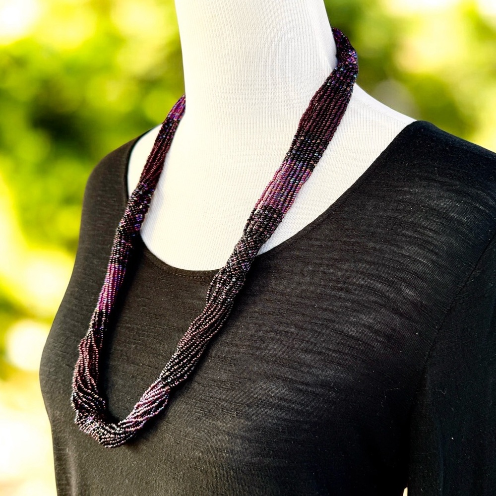 Vintage African Zulu Trade Bead Statement Necklace Purple Glass Seed Beads – 30”